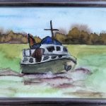 Motorboot auf Elbe, Aquarell, DIN A6